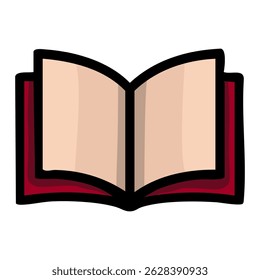 A stylized vector illustration of an open book with a maroon cover and beige pages, featuring bold black outlines and subtle color variations for a modern design aesthetic.