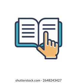 Stylized vector illustration of an open book with a hand pointing. Flat design with simple shapes and bold outlines.