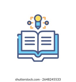 Stylized vector illustration of an open book with a lightbulb above, representing learning and ideas. Flat graphic style.