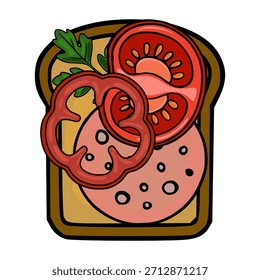 Ilustración vectorial estilizada de un sándwich de cara abierta con tomate, pimiento morrón, salchicha y verduras en pan tostado.