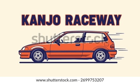 A stylized vector illustration of an orange Japanese hatchback, a classic tuner car, speeding along with the text 'KANJO RACEWAY' above it on a plain background.
