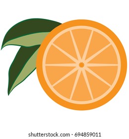 A stylized vector illustration of an orange slice with  two leaves. 