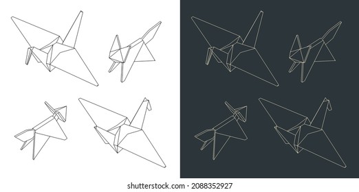 Ilustración vectorial estilizada del origami de zorro y grúa