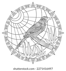 Stylized vector illustration of an oriole bird. Zentangle Mandala. Can be used as adult coloring book, coloring book, card.