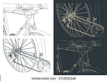 Stylized vector illustration of outline and drawings of a road bike close-up