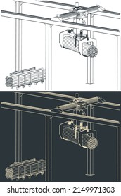 Stylized vector illustration of overhead crane with bunching grab