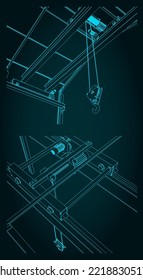 Stylized vector illustration of overhead crane and warehouse structure