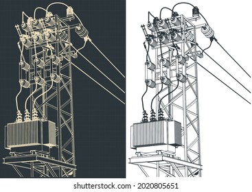 Stylized vector illustration of overhead power line feeder tower transformer station