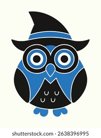 A stylized vector illustration of an owl wearing a witch hat, designed in black and blue with a Halloween theme.