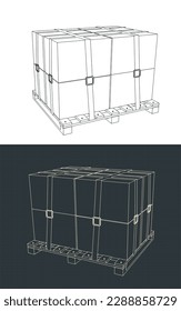 Stylized vector illustration of packaged cargo fixed on pallet