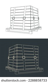 Stylized vector illustration of packaged cargo fixed on pallet