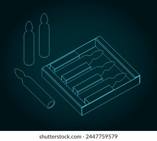 Stylized vector illustration of packaging glass ampoules with medicine for injection