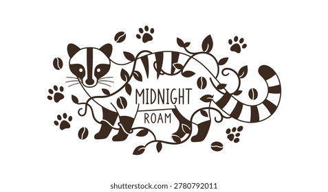 Stylized vector illustration of a palm civet surrounded by coffee beans and vines with 'Midnight Roam' text, ideal for gourmet coffee branding and nature-themed designs.