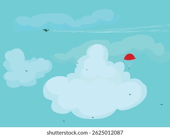 Ilustração vetorial estilizada de um paraquedista e jato voando em um céu azul brilhante cheio de nuvens e pássaros fofos, perfeito para viagens, aventura ou temas de aviação. Paraquedas e jato voando