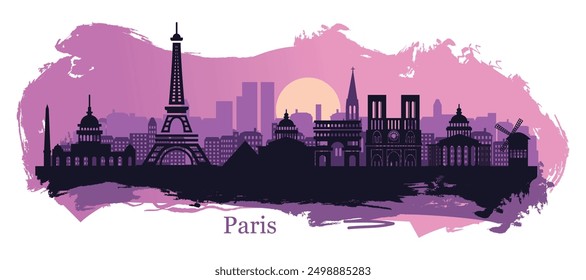 A stylized vector illustration of Paris featuring the Eiffel Tower, Arc de Triomphe, and Notre Dame Cathedral with artistic spots and splashes of paint.