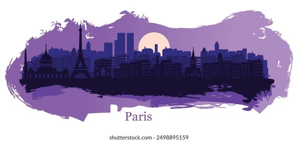 A stylized vector illustration of Paris featuring the Eiffel Tower, Arc de Triomphe, and Notre Dame Cathedral with artistic spots and splashes of paint.