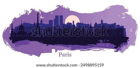 A stylized vector illustration of Paris featuring the Eiffel Tower, Arc de Triomphe, and Notre Dame Cathedral with artistic spots and splashes of paint.