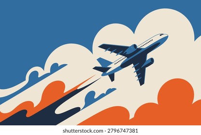 Stylized vector illustration of a passenger jet airplane flying through clouds with airplane aviation aircraft