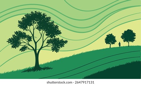 Stylized vector illustration of a peaceful green landscape with rolling hills, trees, and a lone figure. Ideal for nature, outdoor, and tranquility themes.