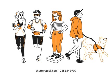 Ilustração vetorial estilizada de pessoas envolvidas em várias atividades ao ar livre. Os personagens estão correndo e andando de cachorro. Tema de fitness e lazer em preto e laranja.