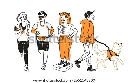 Stylized vector illustration of people engaged in various outdoor activities. Characters are jogging and dog walking. Fitness and leisure theme in black and orange.