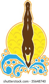 A stylized vector illustration of a person diving into the water