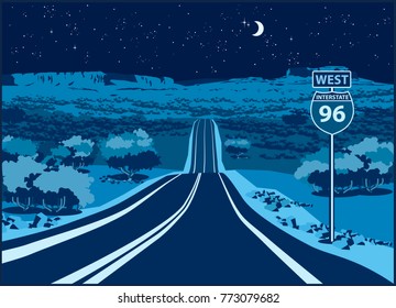 Stylized vector illustration of a picturesque route through the mountain valley at night
