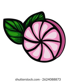 A stylized vector illustration of a pink citrus fruit with green leaves, featuring a spiral pattern. The design is bold and colorful, suitable for modern graphics or branding.