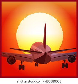 stylized vector illustration of a plane to takeoff or landing  at sunset