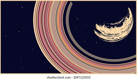 Stylized vector illustration of planet with rings retro futurism style