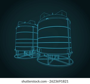 Ilustración vectorial estilizada de tanques de agua de plástico sobre base metálica
