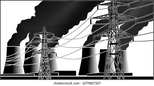 Stylized vector illustration of Power station and high-voltage lines