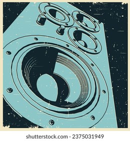 Stylized vector illustration of powerful floor-standing speaker close up retro poster style