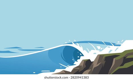 A stylized vector illustration of a powerful ocean wave crashing against a rocky cliffside under a clear sky.