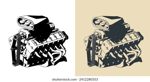 Ilustración vectorial estilizada de un potente motor de combustión interna turboalimentado de doce cilindros