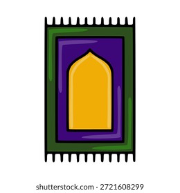Ilustração vetorial estilizada de um tapete de oração com um arco central em amarelo dourado, colocado sobre um fundo roxo profundo e emoldurado por bordas verdes com uma borda franzida.