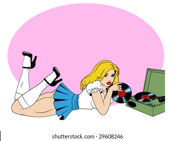 stylized vector illustration of a pretty pinup playing records...check my port for more pinups!!!