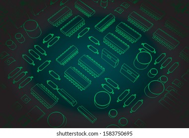 Stylized vector illustration of a printed circuit board with transistors and microelectronics on it