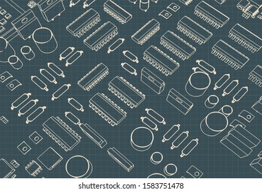 Stylized vector illustration of a printed circuit board with transistors and microelectronics on it