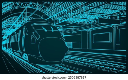 Stylized vector illustration of a railway station with a high-speed train in the foreground