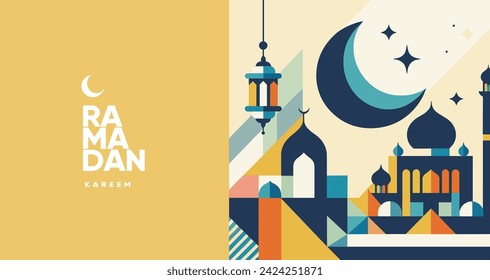 Stylized vector illustration of Ramadan Kareem with a crescent moon, stars, traditional lantern, and mosque silhouette.