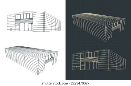 Stylized vector illustration of rawings of industrial hall building