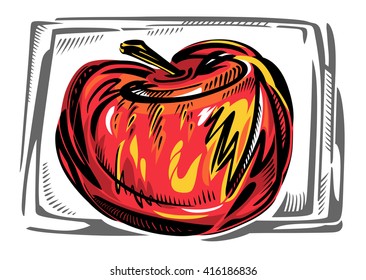 A stylized vector illustration of a red apple with yellow spots.