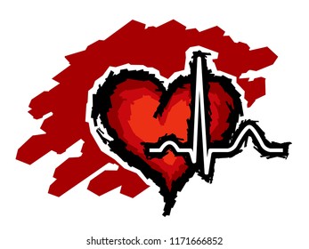 Stylized vector illustration of red heart with normal ECG line.