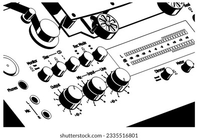 Stylized vector illustration of reel-to-reel tape recorder close-up