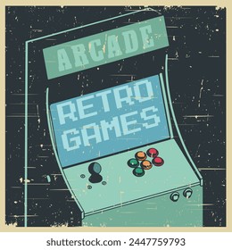 Stylized vector illustration of a retro arcade games cabinet in old poster style