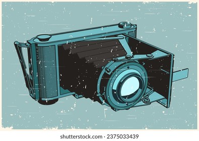 Stylized vector illustration of a retro camera in the style of an old poster