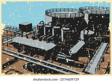 Stylized vector illustration of a retro poster of a refinery