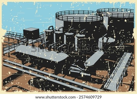 Stylized vector illustration of a retro poster of a refinery