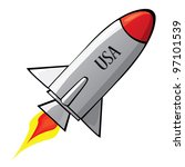 Stylized vector illustration of a retro rocket ship space vehicle blasting off into the sky.